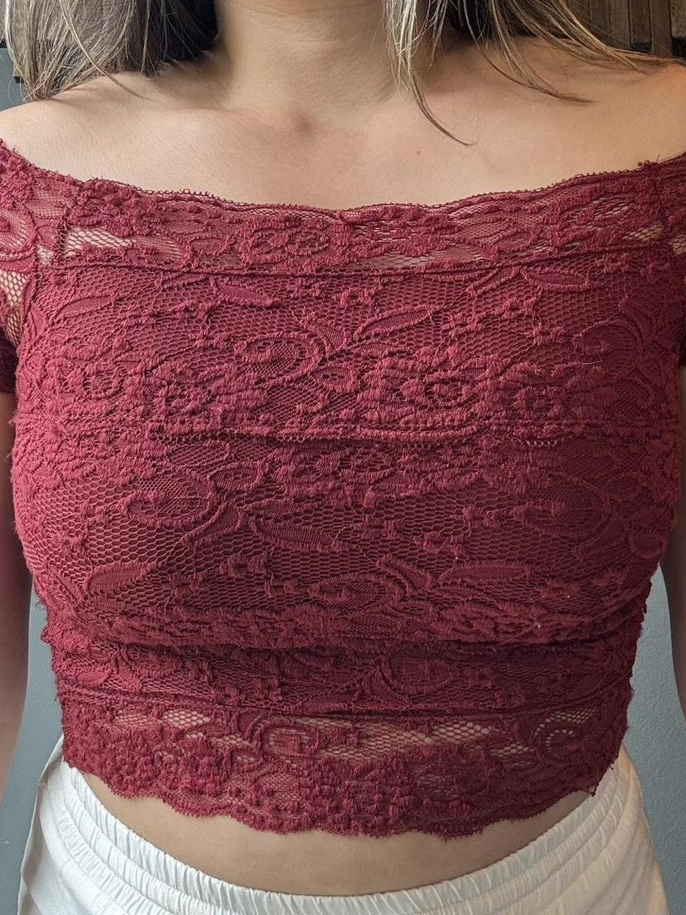Poof Burgundy Lace Off Shoulder Crop Top 1X Coquette Whimsy Fairy Y2K Fall